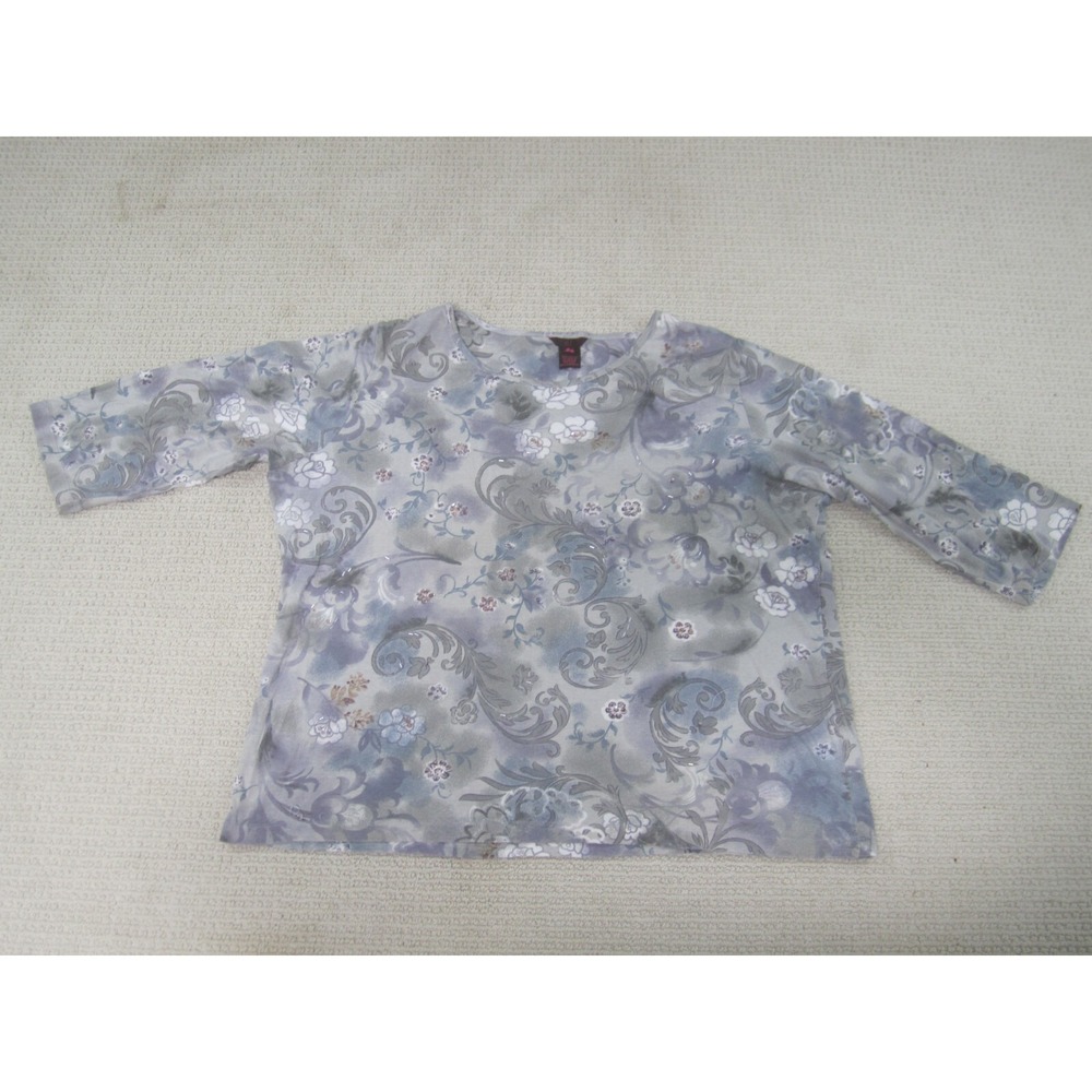 alc Shirt Womens 1X Plus Gray‎ Black 3/4 Sleeve Casual Blouse Floral Cotton